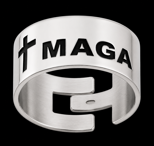 WIDE BAND UNISEX MAGA RING WITH CROSS SILVER ADJUSTABLE