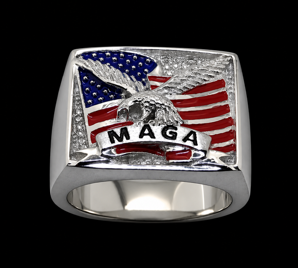 LARGE HEAVY MEN'S FLAG- MAGA SILVER RING WITH 27 DIAMONDS