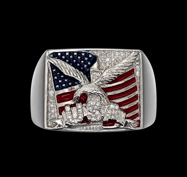 Heavy, solid sterling silver men's USA enamel ring with diamonds