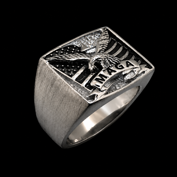 LARGE HEAVY MEN'S FLAG- MAGA SILVER RING WITH 27 DIAMONDS