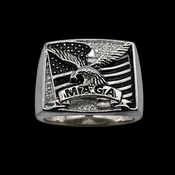 LARGE HEAVY MEN'S FLAG- MAGA SILVER RING WITH 27 DIAMONDS