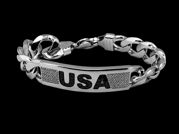 MAGA Laser Engraved Heavy Bracelet in Sterling Silver with Black & White Diamonds 1.07 Cts