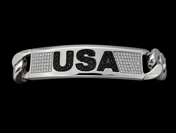 MAGA Laser Engraved Heavy Bracelet in Sterling Silver with Black & White Diamonds 1.07 Cts