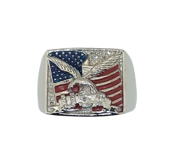 Heavy, solid sterling silver men's USA enamel ring with diamonds