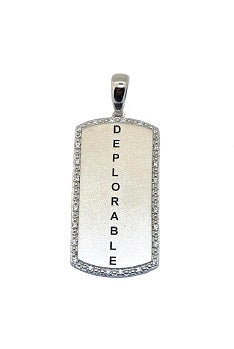 "Deplorable" Large & Solid Sterling Silver Dog Tag With 24 Diamonds Unisex