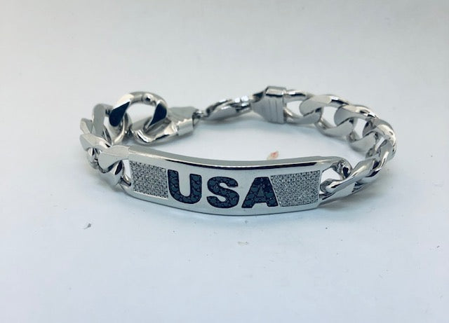 MAGA Laser Engraved Heavy Bracelet in Sterling Silver with Black & White Diamonds 1.07 Cts