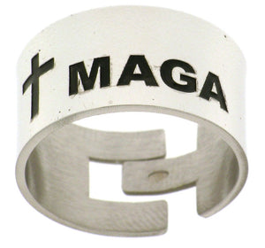 WIDE BAND UNISEX MAGA RING WITH CROSS SILVER ADJUSTABLE