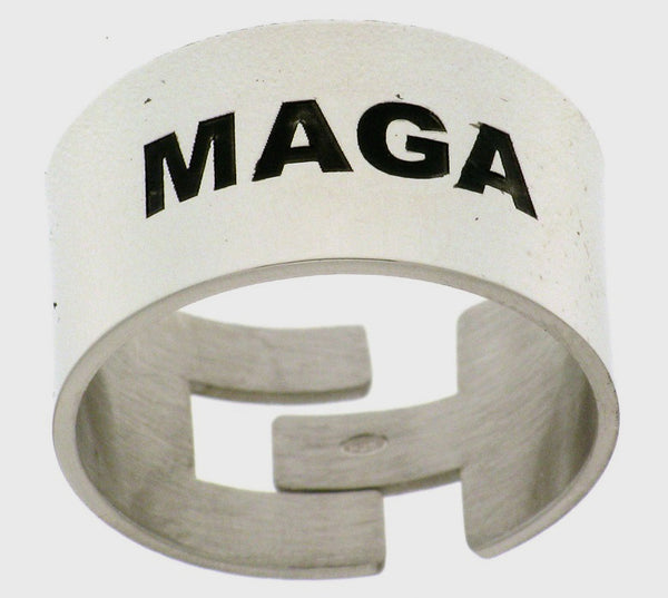WIDE BAND UNISEX MAGA ADJUSTABLE SILVER RING LASER ENGRAVED