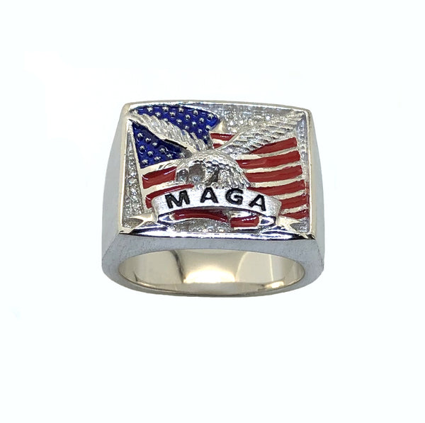 LARGE HEAVY MEN'S FLAG- MAGA SILVER RING WITH 27 DIAMONDS