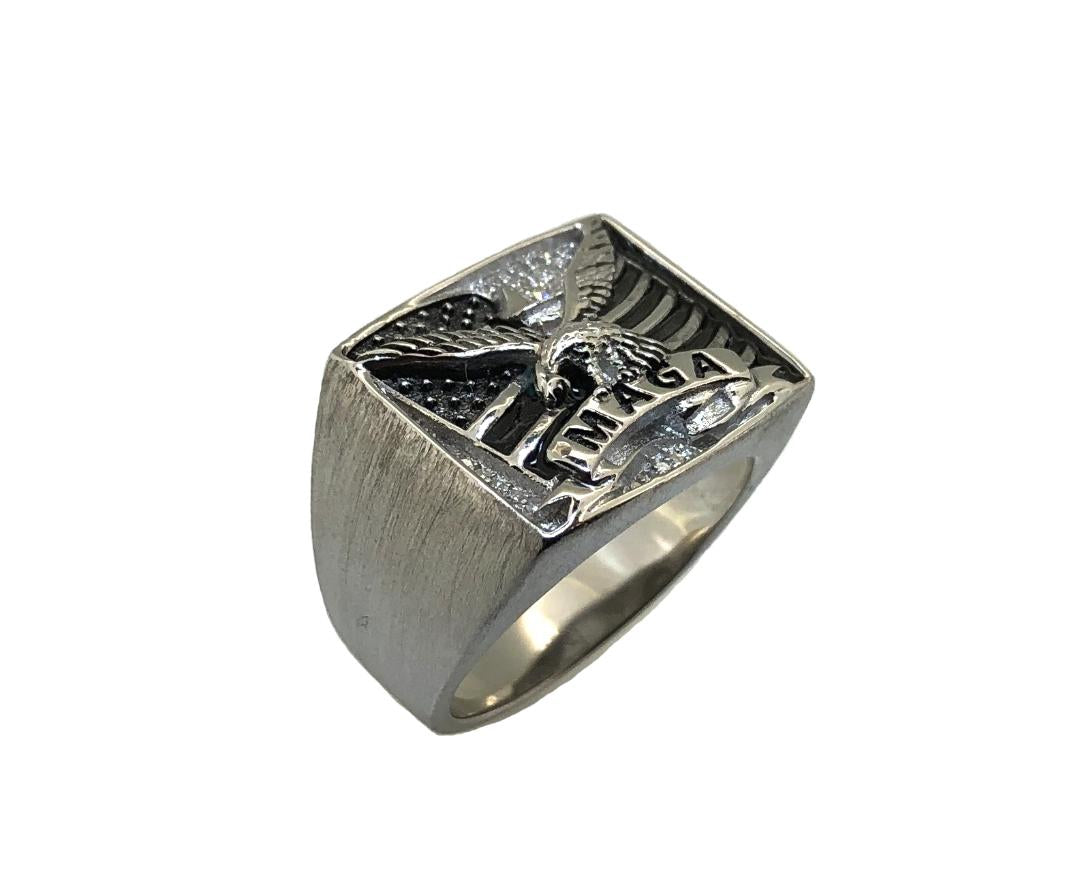 LARGE HEAVY MEN'S FLAG- MAGA SILVER RING WITH 27 DIAMONDS