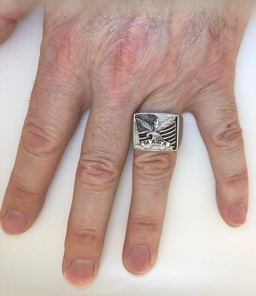 LARGE HEAVY MEN'S FLAG- MAGA SILVER RING WITH 27 DIAMONDS
